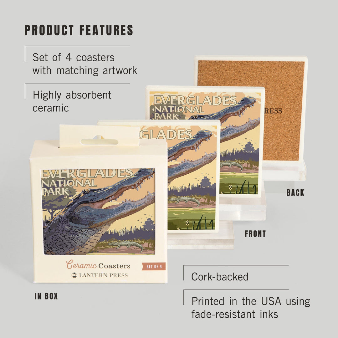 The Everglades National Park, Florida, Alligator Scene, Painterly Series, Coasters Coasters Lantern Press