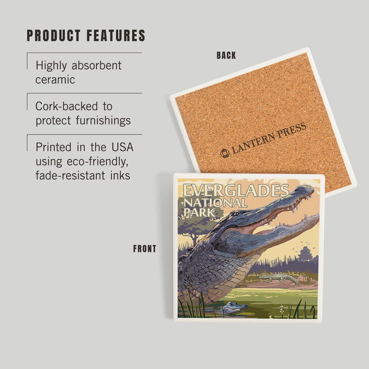 The Everglades National Park, Florida, Alligator Scene, Painterly Series, Coasters Coasters Lantern Press