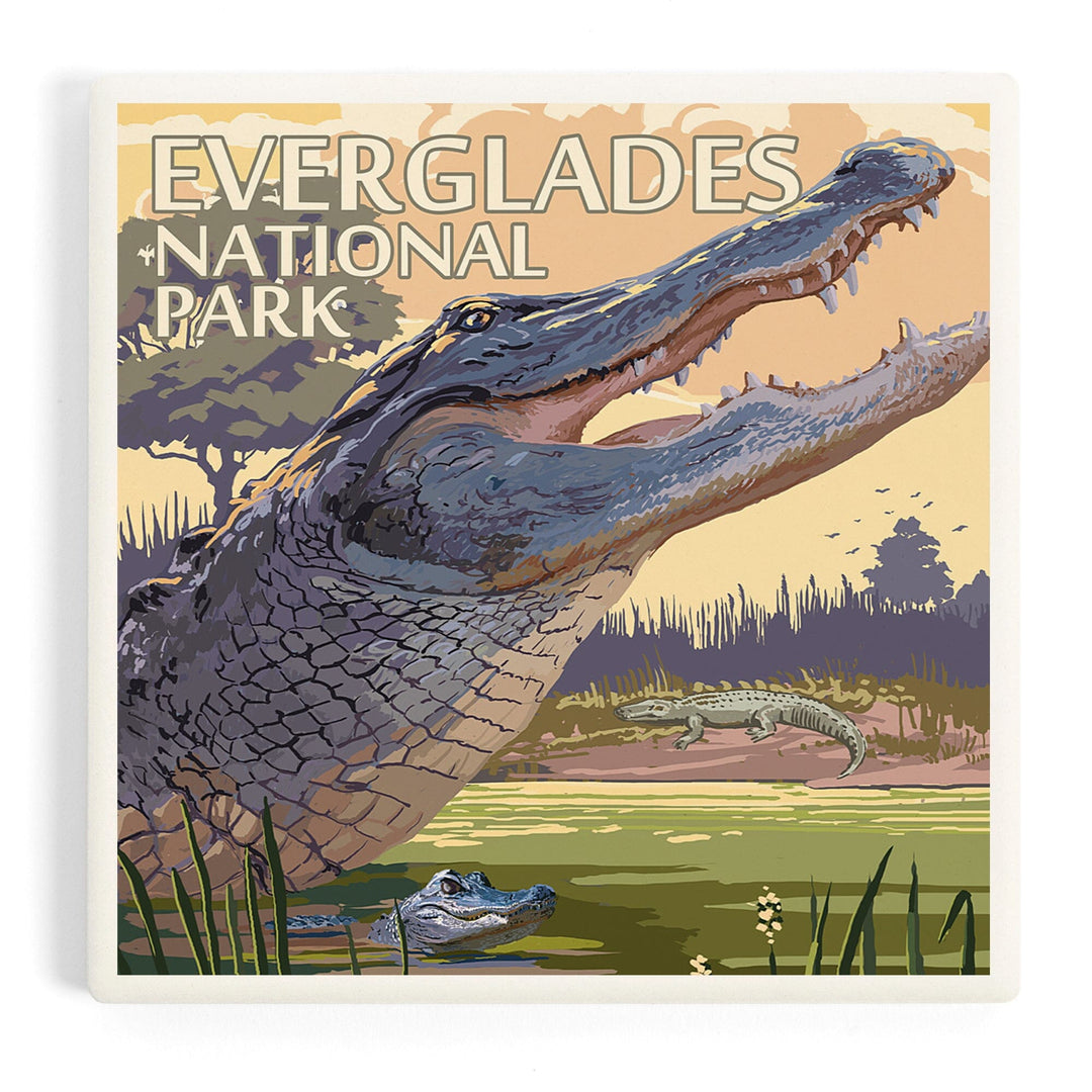 The Everglades National Park, Florida, Alligator Scene, Painterly Series, Coasters Coasters Lantern Press