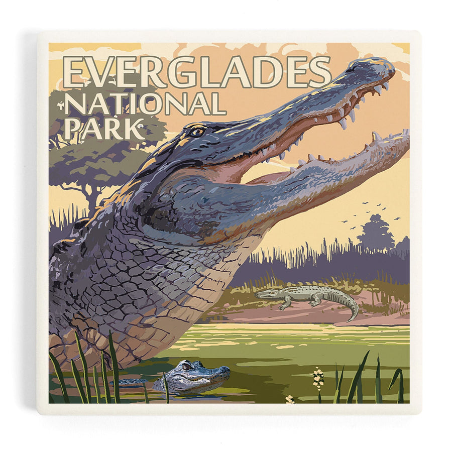 The Everglades National Park, Florida, Alligator Scene, Painterly Series, Coasters Coasters Lantern Press