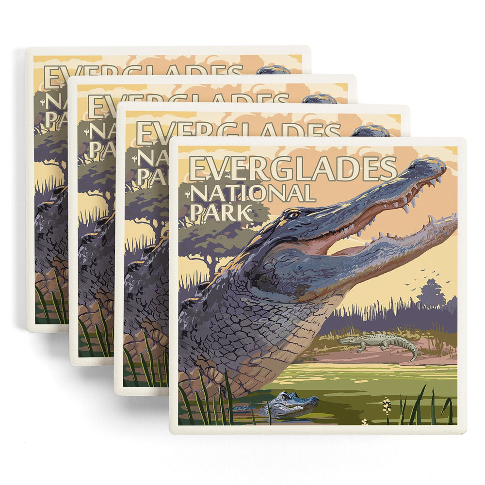The Everglades National Park, Florida, Alligator Scene, Painterly Series, Coasters Coasters Lantern Press