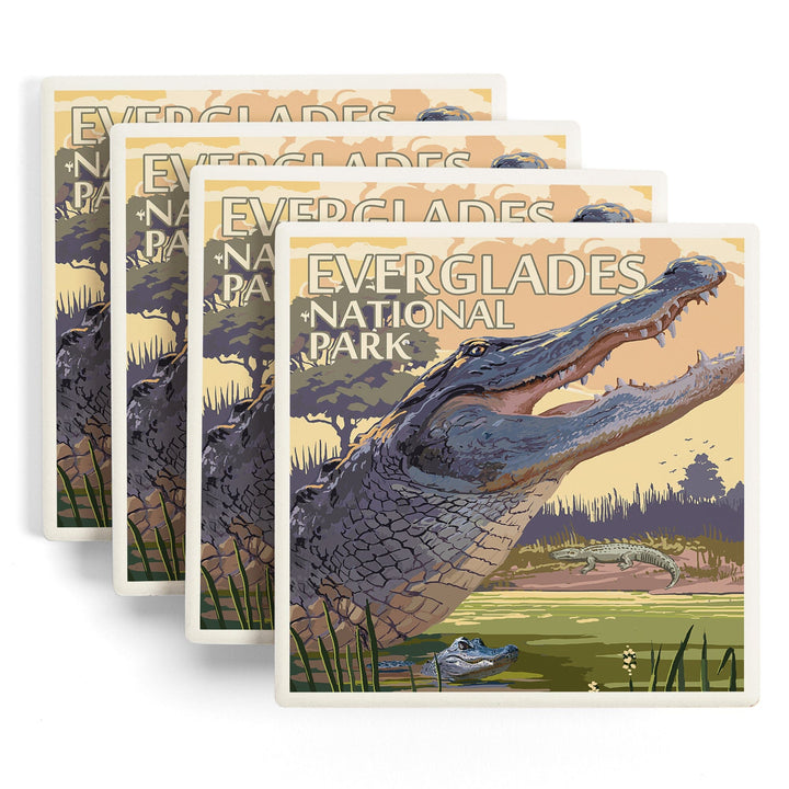 The Everglades National Park, Florida, Alligator Scene, Painterly Series, Coasters Coasters Lantern Press
