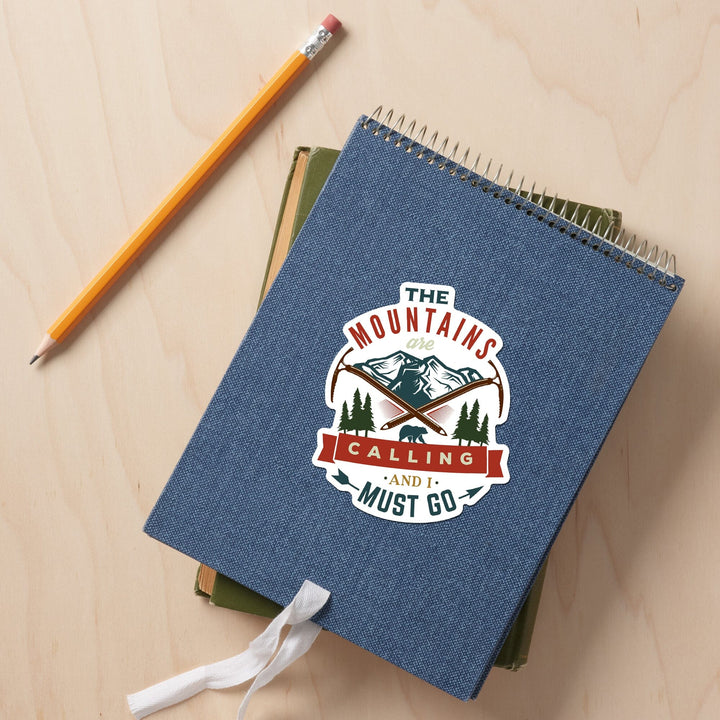 The Mountains are Calling, Bear & Mountains, Contour, Lantern Press Artwork, Vinyl Sticker Sticker Lantern Press