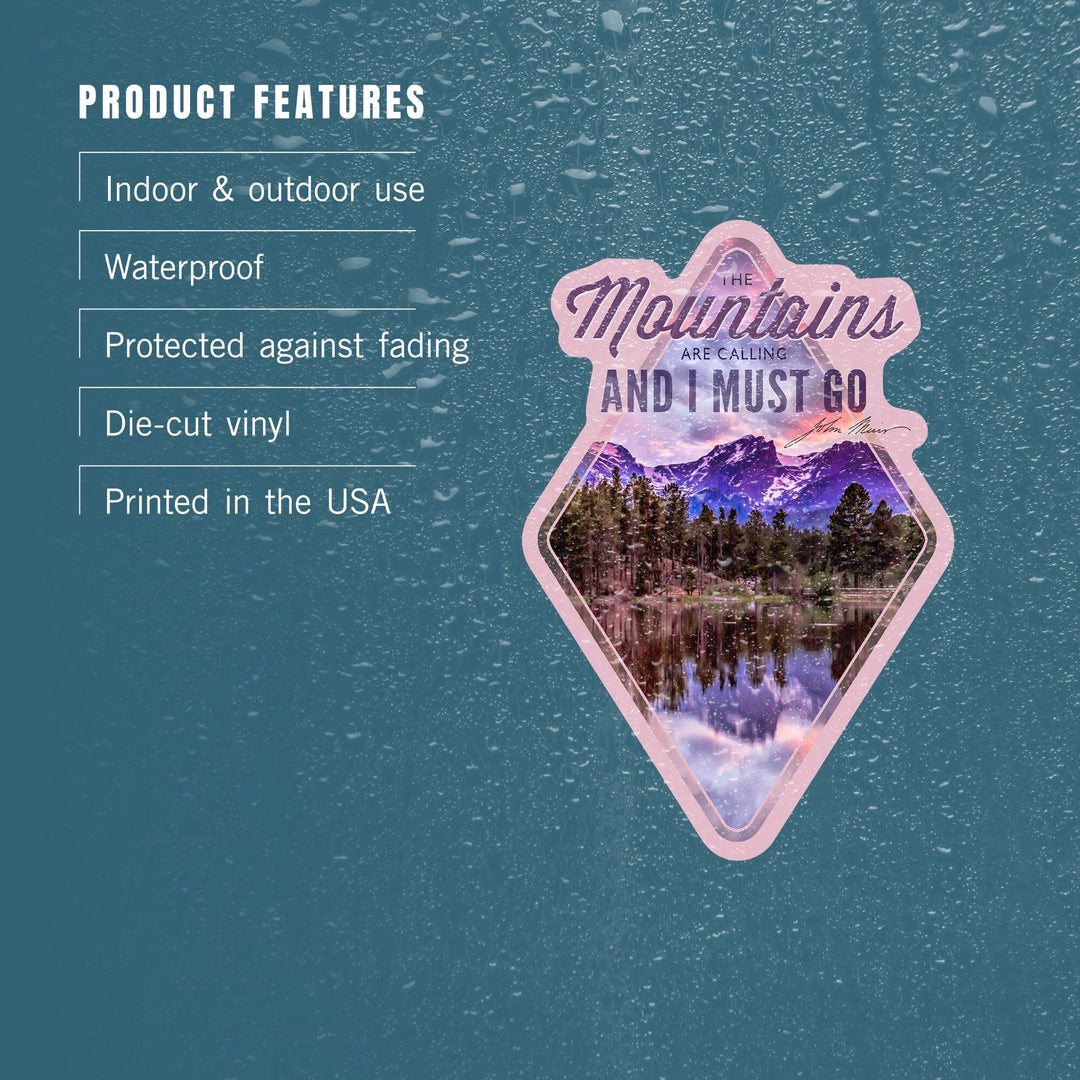 The Mountains are Calling, John Muir Quote, Sunset & Lake, Contour, Lantern Press Photography, Vinyl Sticker Sticker Lantern Press