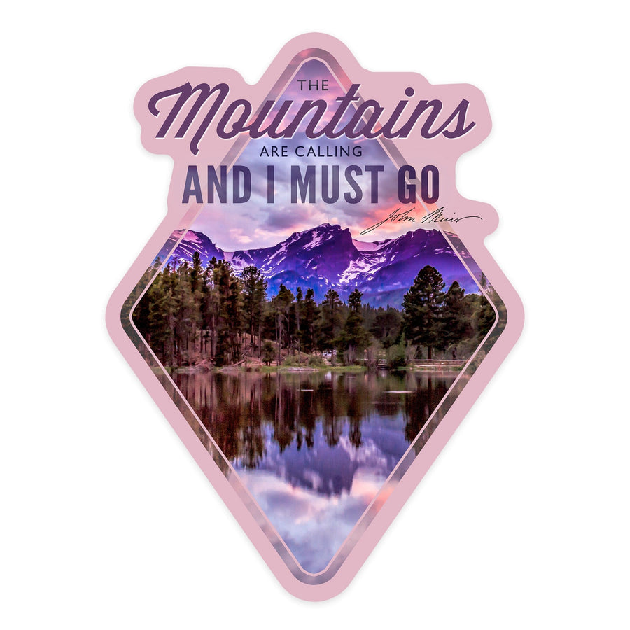 The Mountains are Calling, John Muir Quote, Sunset & Lake, Contour, Lantern Press Photography, Vinyl Sticker Sticker Lantern Press