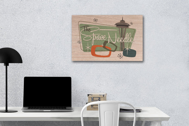 The Space Needle, Mid Century Modern, Teal Sign, Lantern Press Artwork, Wood Signs and Postcards Wood Lantern Press 12 x 18 Wood Gallery Print