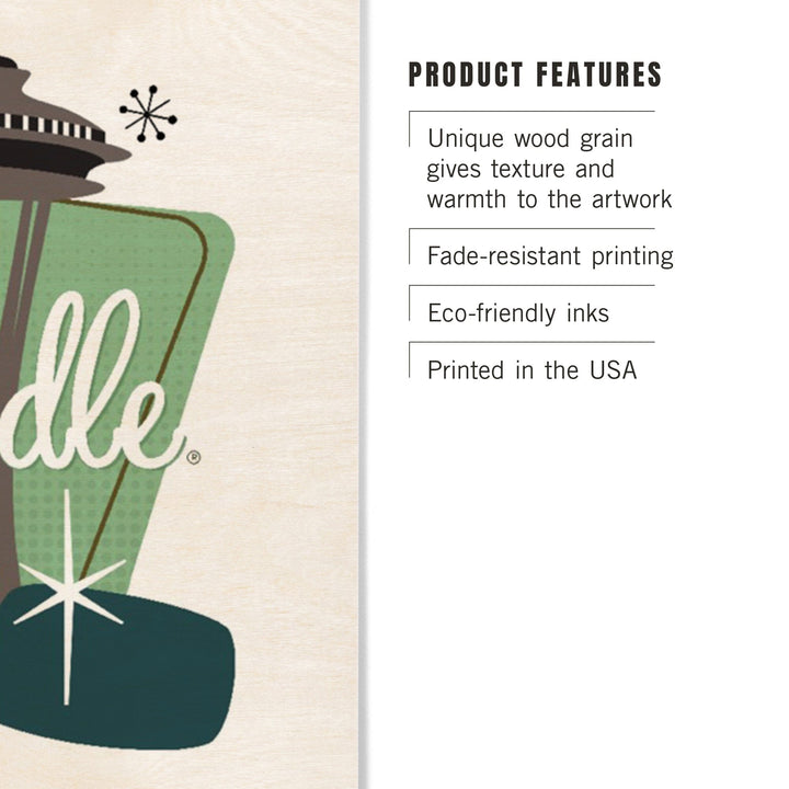 The Space Needle, Mid Century Modern, Teal Sign, Lantern Press Artwork, Wood Signs and Postcards Wood Lantern Press