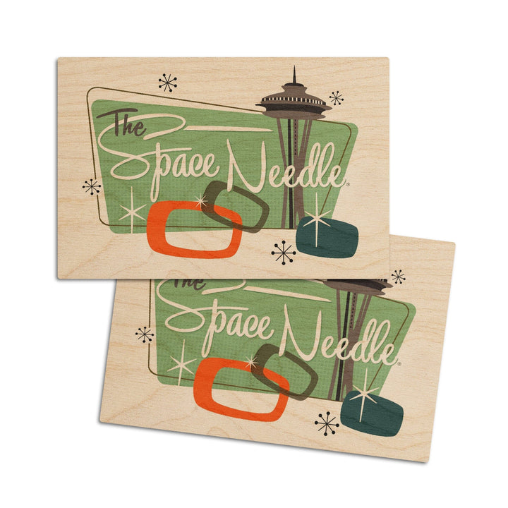 The Space Needle, Mid Century Modern, Teal Sign, Lantern Press Artwork, Wood Signs and Postcards Wood Lantern Press 4x6 Wood Postcard Set