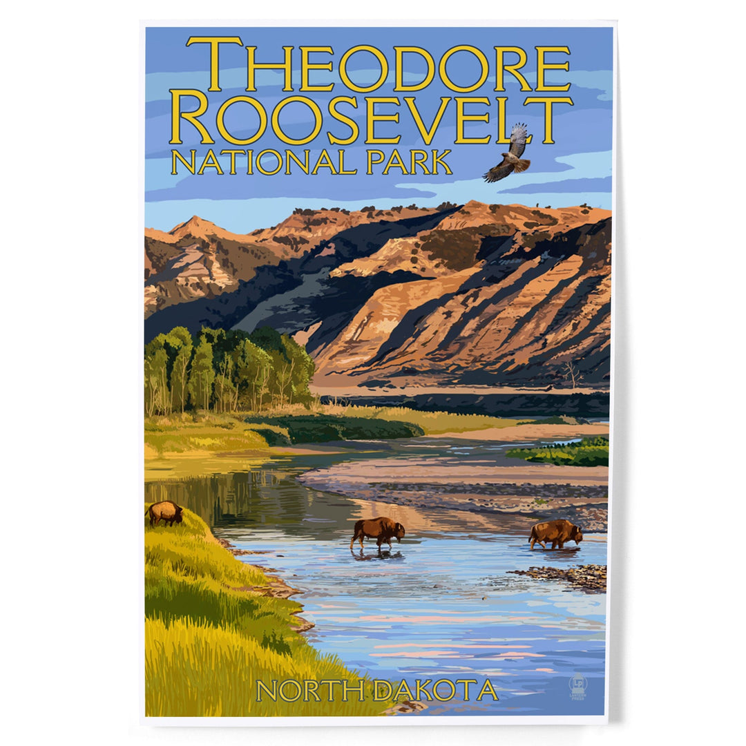 Theodore Roosevelt National Park, North Dakota, Bison Crossing River, Art & Giclee Prints Art Lantern Press 