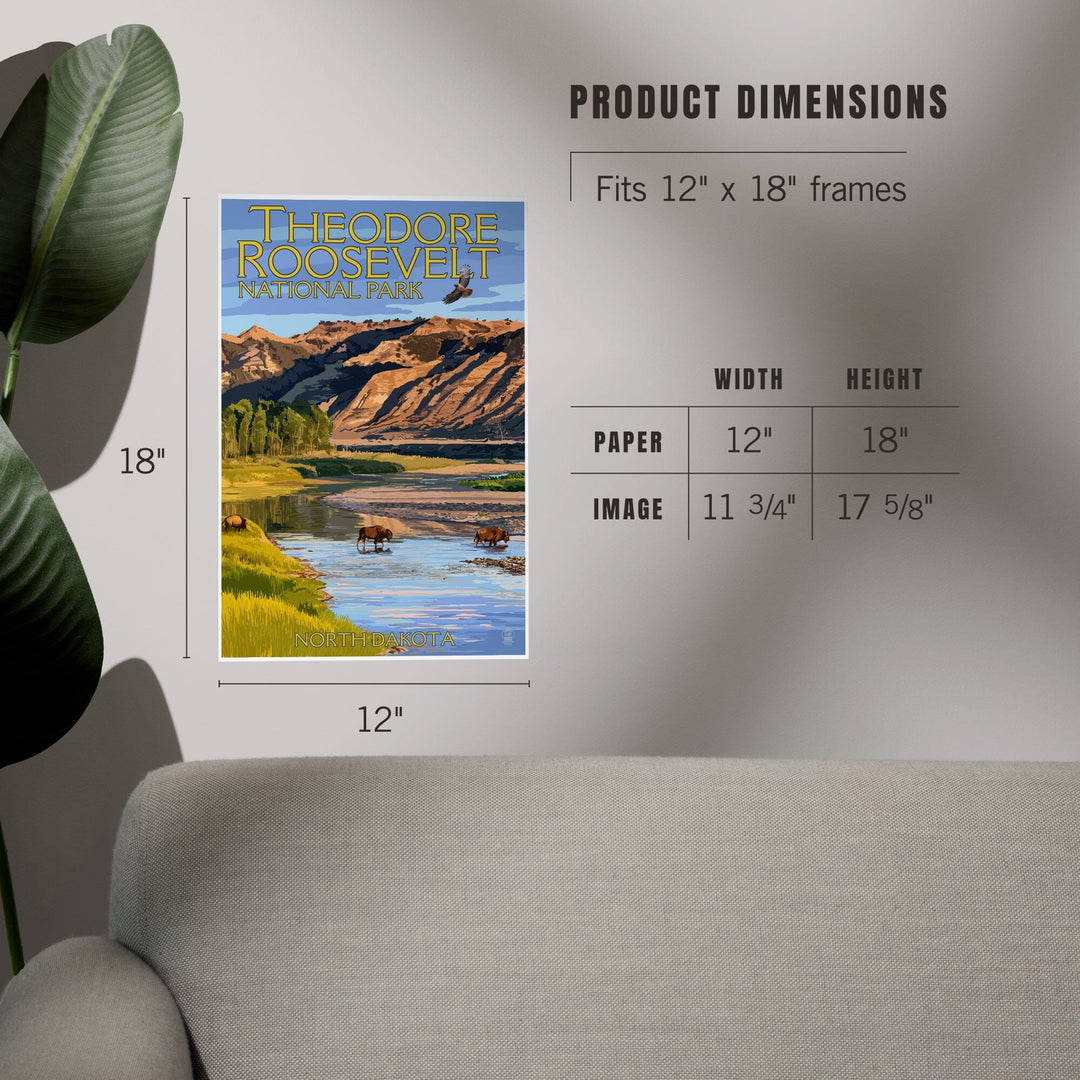 Theodore Roosevelt National Park, North Dakota, Bison Crossing River, Art & Giclee Prints Art Lantern Press