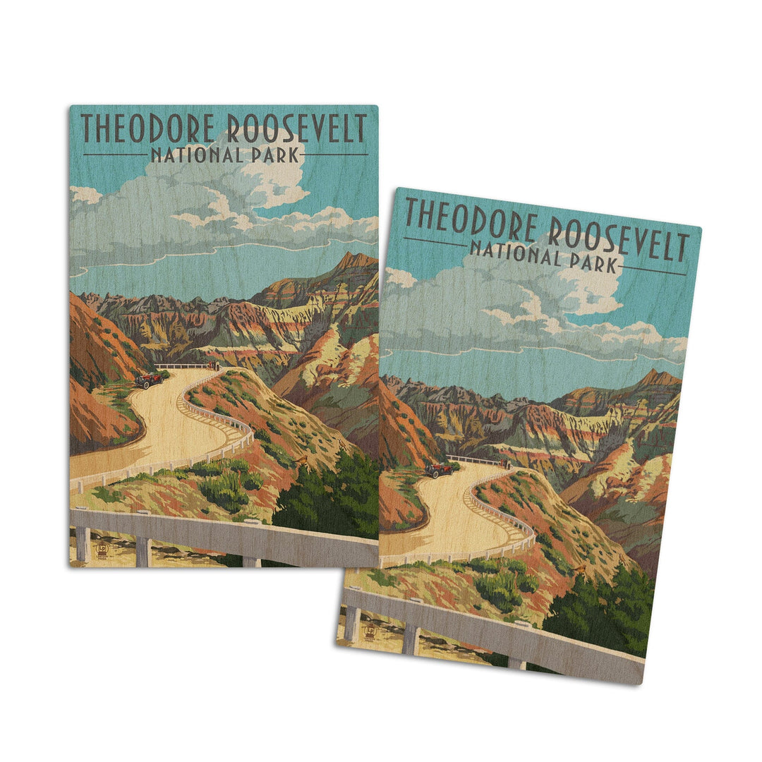 Theodore Roosevelt National Park, North Dakota, Road Scene, Lantern Press Artwork, Wood Signs and Postcards Wood Lantern Press 4x6 Wood Postcard Set