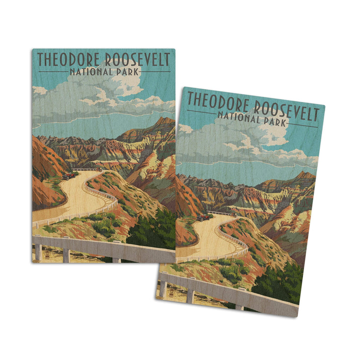 Theodore Roosevelt National Park, North Dakota, Road Scene, Lantern Press Artwork, Wood Signs and Postcards Wood Lantern Press 4x6 Wood Postcard Set