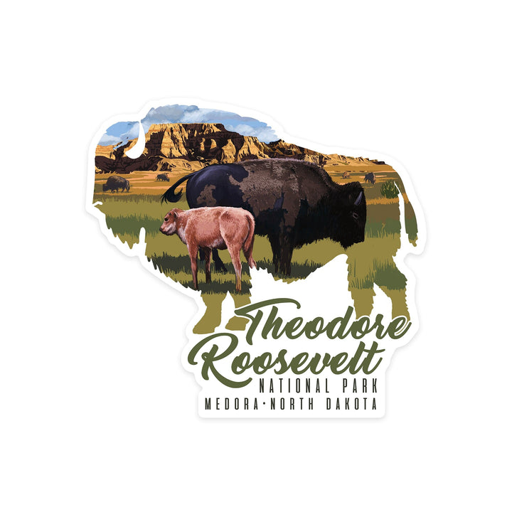 Theodore Roosevelt NP, North Dakota, Bison and Calf, Contour, Lantern Press Artwork, Vinyl Sticker Sticker Lantern Press