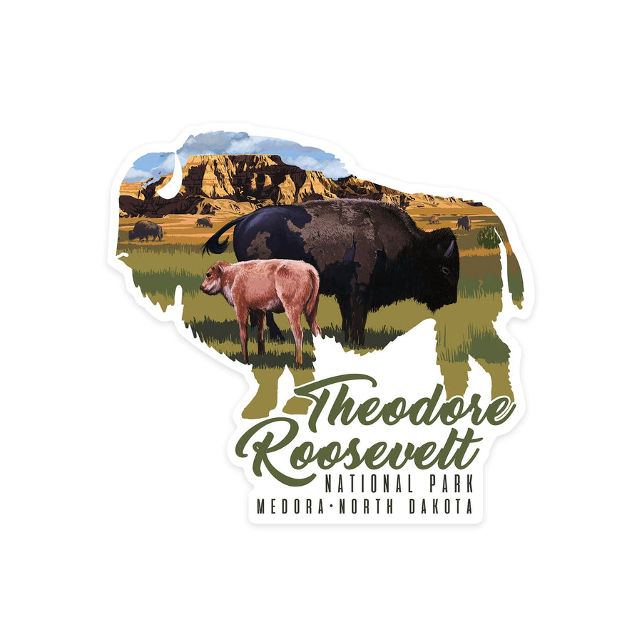 Theodore Roosevelt NP, North Dakota, Bison and Calf, Contour, Lantern Press Artwork, Vinyl Sticker Sticker Lantern Press