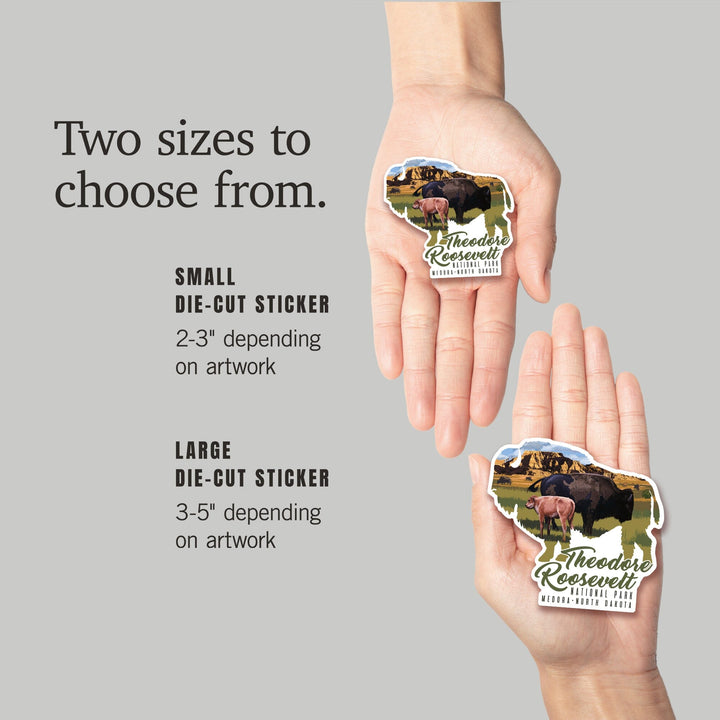 Theodore Roosevelt NP, North Dakota, Bison and Calf, Contour, Lantern Press Artwork, Vinyl Sticker Sticker Lantern Press