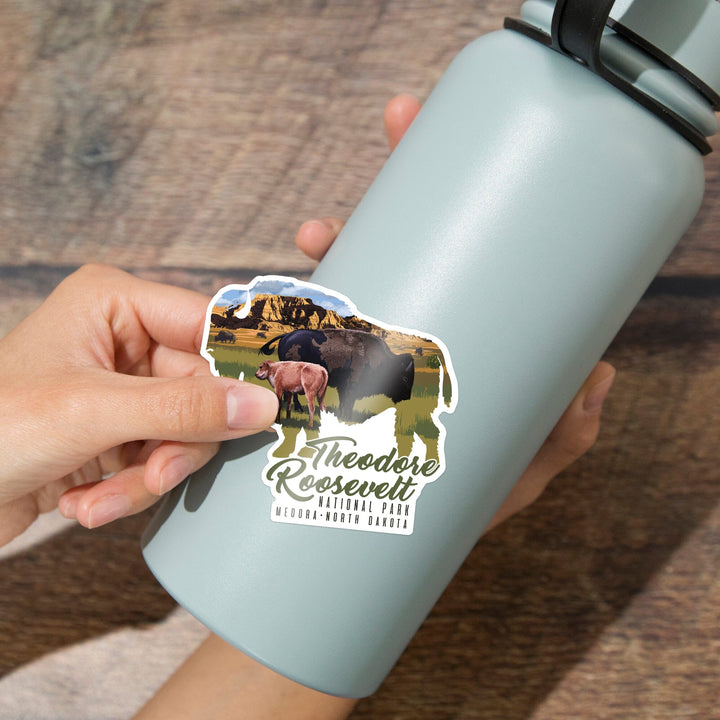 Theodore Roosevelt NP, North Dakota, Bison and Calf, Contour, Lantern Press Artwork, Vinyl Sticker Sticker Lantern Press