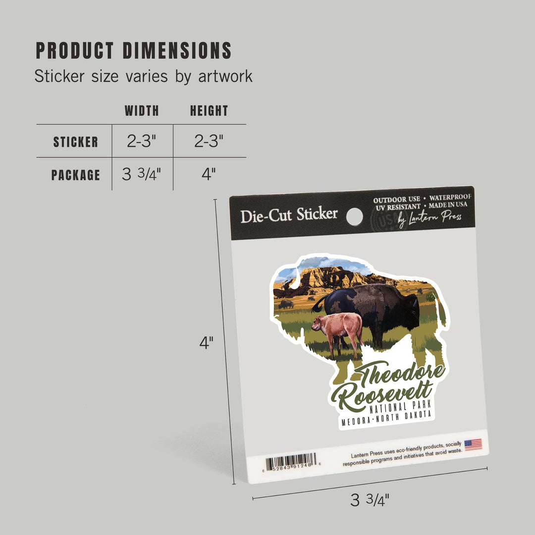 Theodore Roosevelt NP, North Dakota, Bison and Calf, Contour, Lantern Press Artwork, Vinyl Sticker Sticker Lantern Press