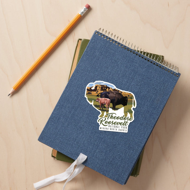 Theodore Roosevelt NP, North Dakota, Bison and Calf, Contour, Lantern Press Artwork, Vinyl Sticker Sticker Lantern Press