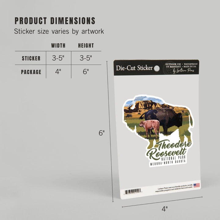 Theodore Roosevelt NP, North Dakota, Bison and Calf, Contour, Lantern Press Artwork, Vinyl Sticker Sticker Lantern Press