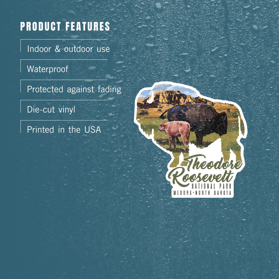Theodore Roosevelt NP, North Dakota, Bison and Calf, Contour, Lantern Press Artwork, Vinyl Sticker Sticker Lantern Press
