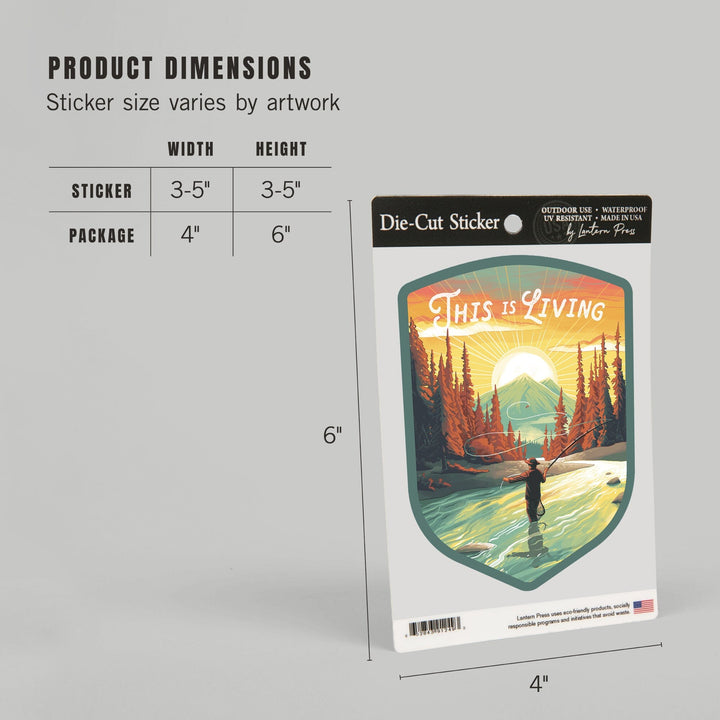 This is Living, Fishing with Mountain, Contour, Vinyl Sticker Sticker Lantern Press