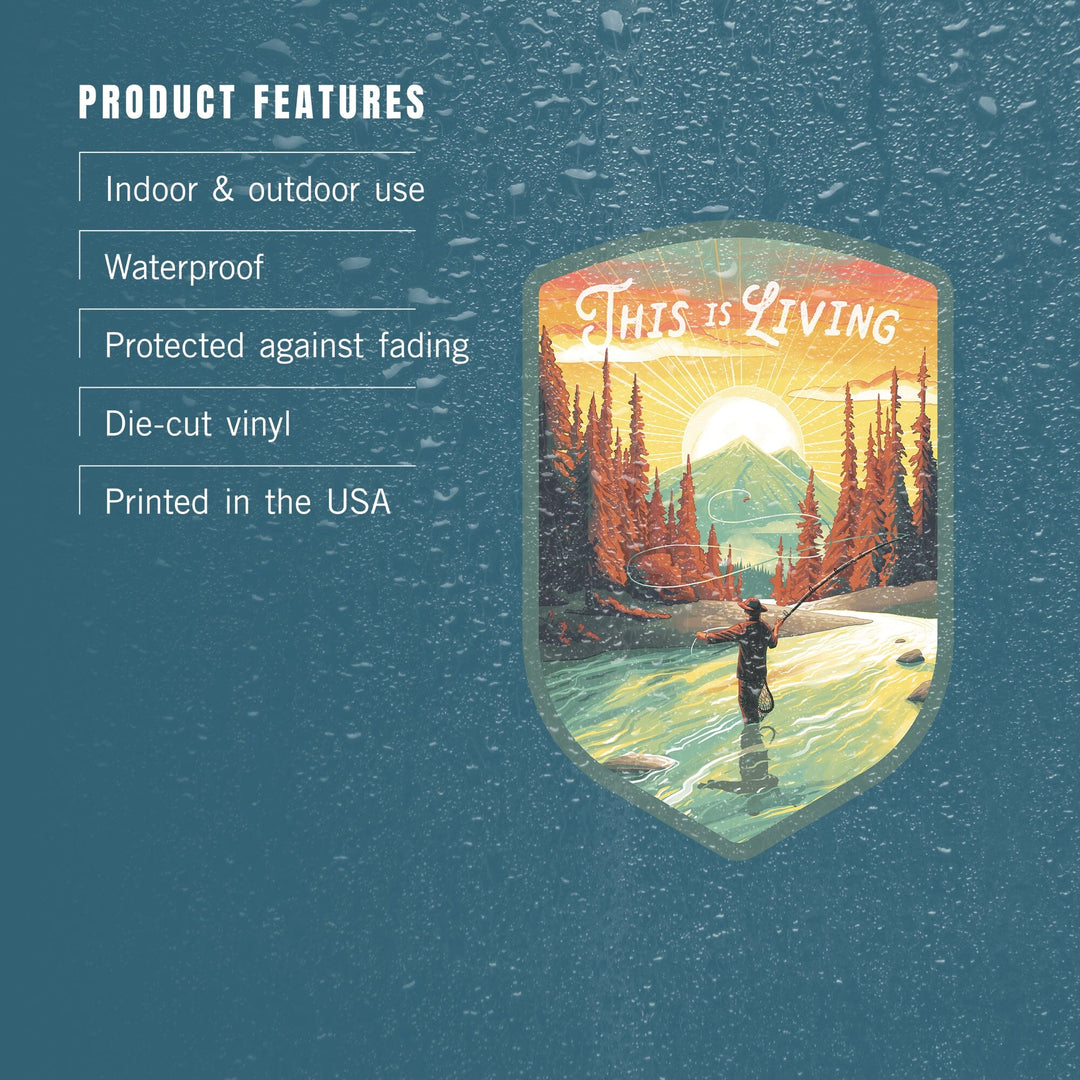 This is Living, Fishing with Mountain, Contour, Vinyl Sticker Sticker Lantern Press