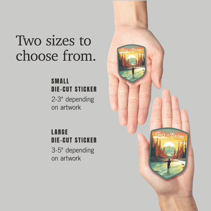 This is Living, Fishing with Mountain, Contour, Vinyl Sticker Sticker Lantern Press