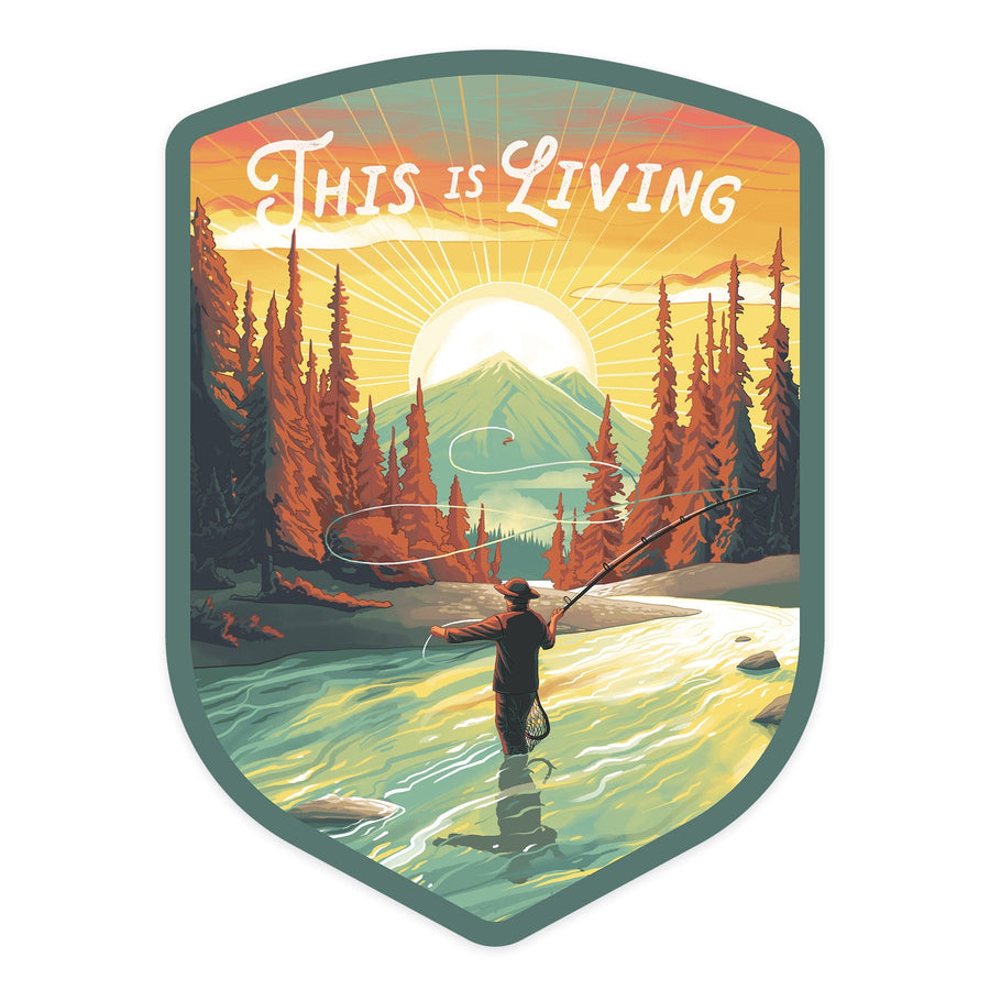This is Living, Fishing with Mountain, Contour, Vinyl Sticker Sticker Lantern Press