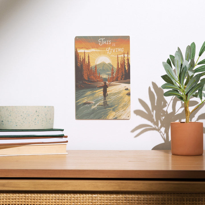 This is Living, Fishing with Mountain, Wood Signs and Postcards Wood Lantern Press