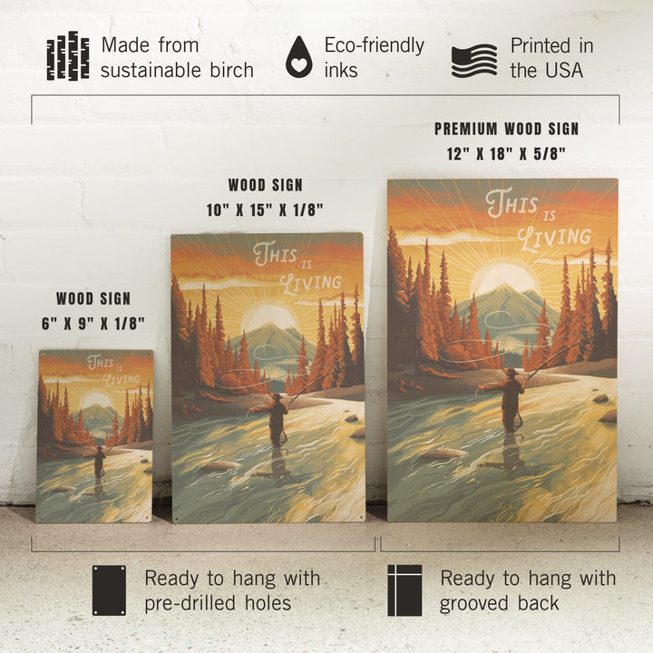 This is Living, Fishing with Mountain, Wood Signs and Postcards Wood Lantern Press