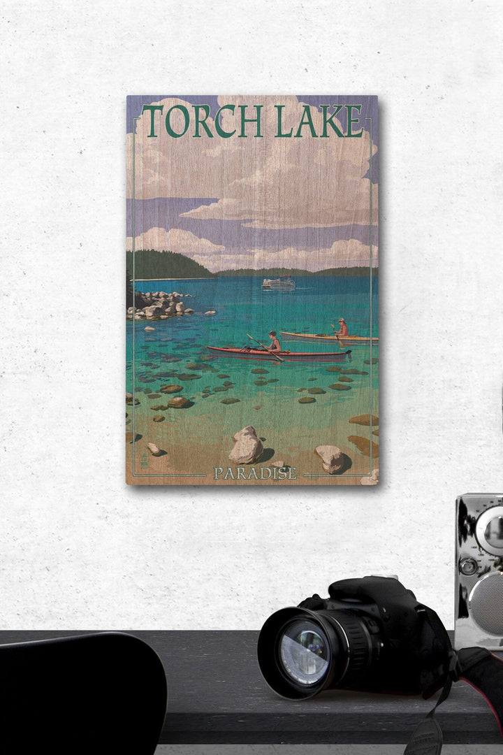Torch Lake, Michigan, Kayakers, Lantern Press Artwork, Wood Signs and Postcards Wood Lantern Press 12 x 18 Wood Gallery Print