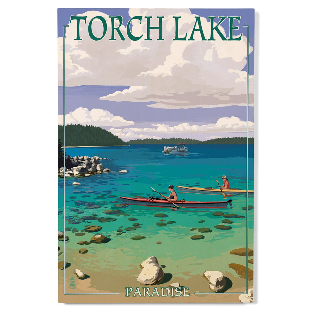 Torch Lake, Michigan, Kayakers, Lantern Press Artwork, Wood Signs and Postcards Wood Lantern Press