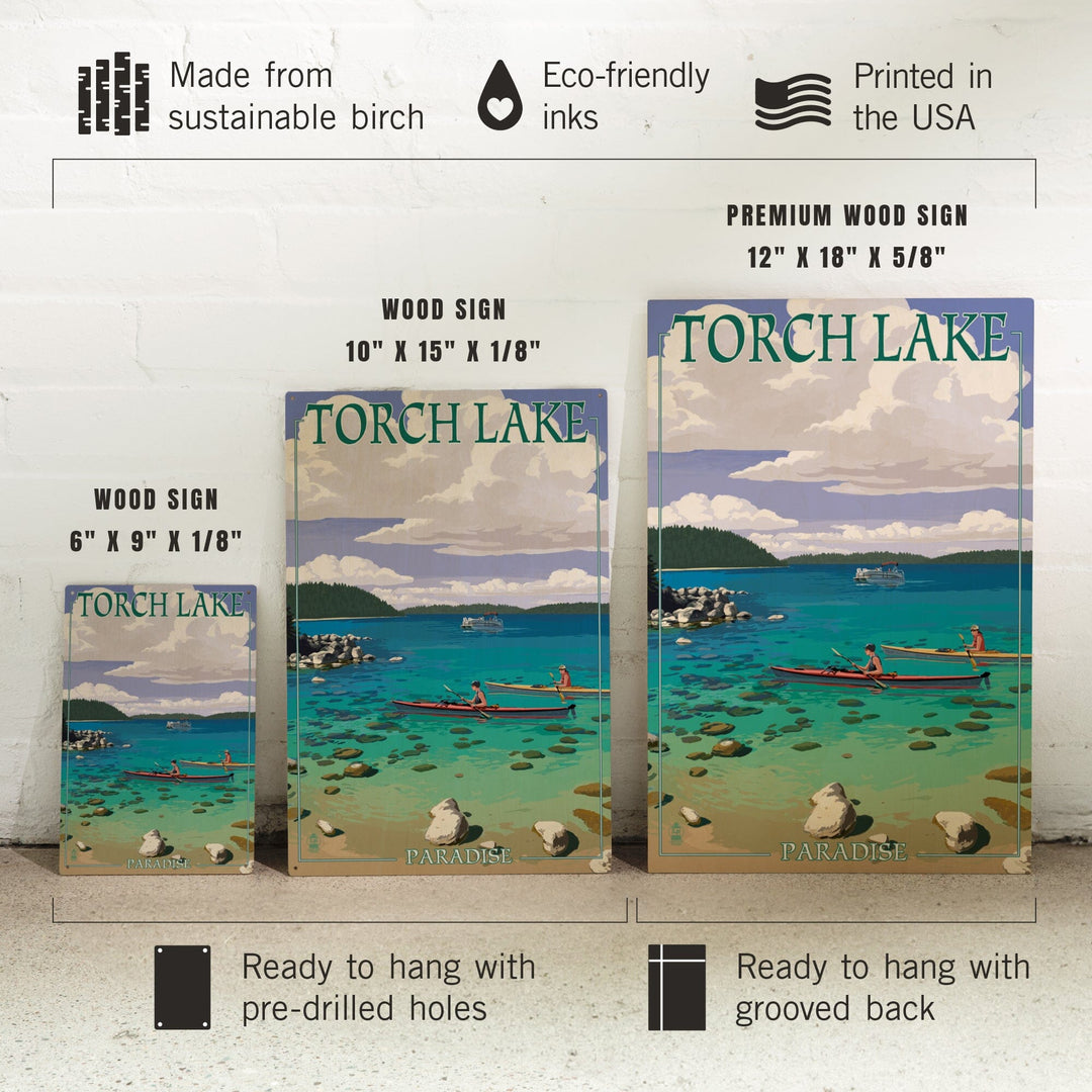 Torch Lake, Michigan, Kayakers, Lantern Press Artwork, Wood Signs and Postcards Wood Lantern Press
