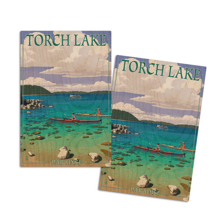 Torch Lake, Michigan, Kayakers, Lantern Press Artwork, Wood Signs and Postcards Wood Lantern Press 4x6 Wood Postcard Set