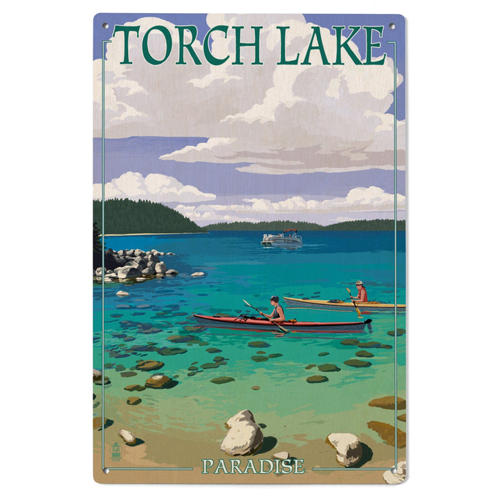 Torch Lake, Michigan, Kayakers, Lantern Press Artwork, Wood Signs and Postcards Wood Lantern Press