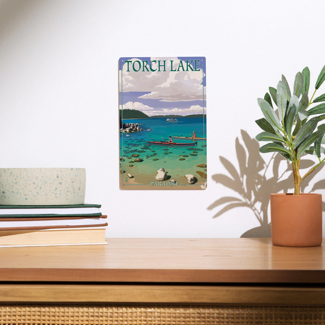 Torch Lake, Michigan, Kayakers, Lantern Press Artwork, Wood Signs and Postcards Wood Lantern Press
