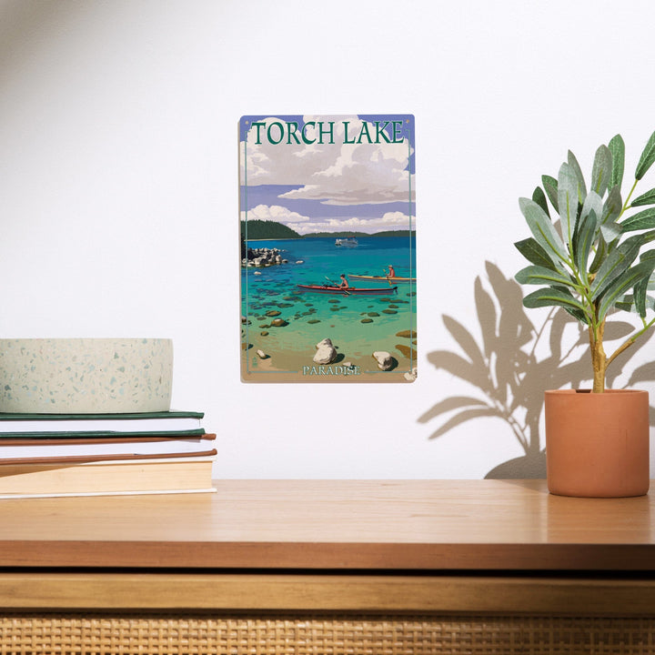 Torch Lake, Michigan, Kayakers, Lantern Press Artwork, Wood Signs and Postcards Wood Lantern Press