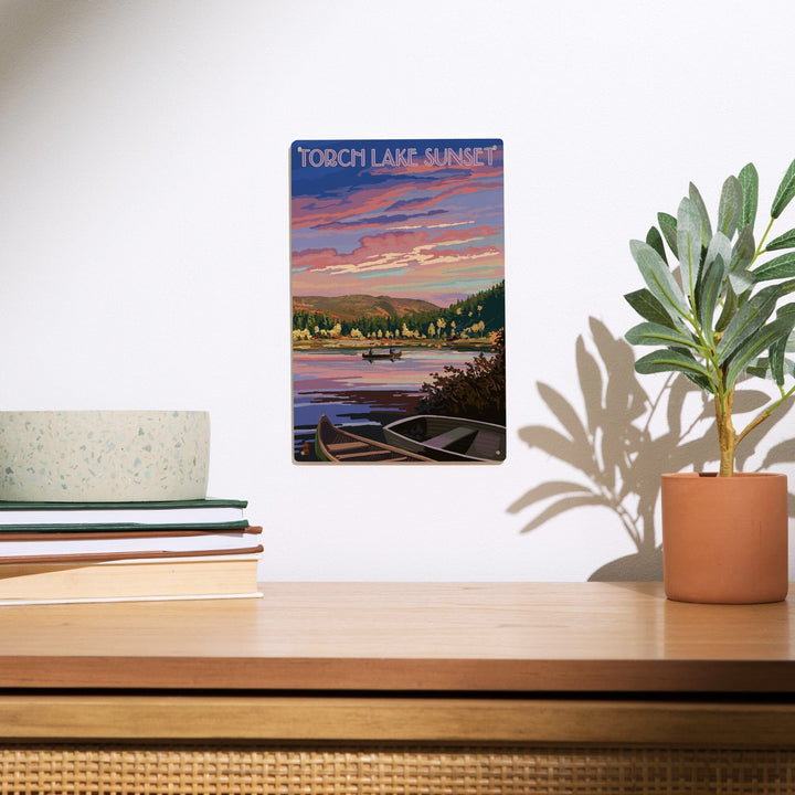 Torch Lake, Michigan, Lake Scene at Dusk, Lantern Press Artwork, Wood Signs and Postcards Wood Lantern Press