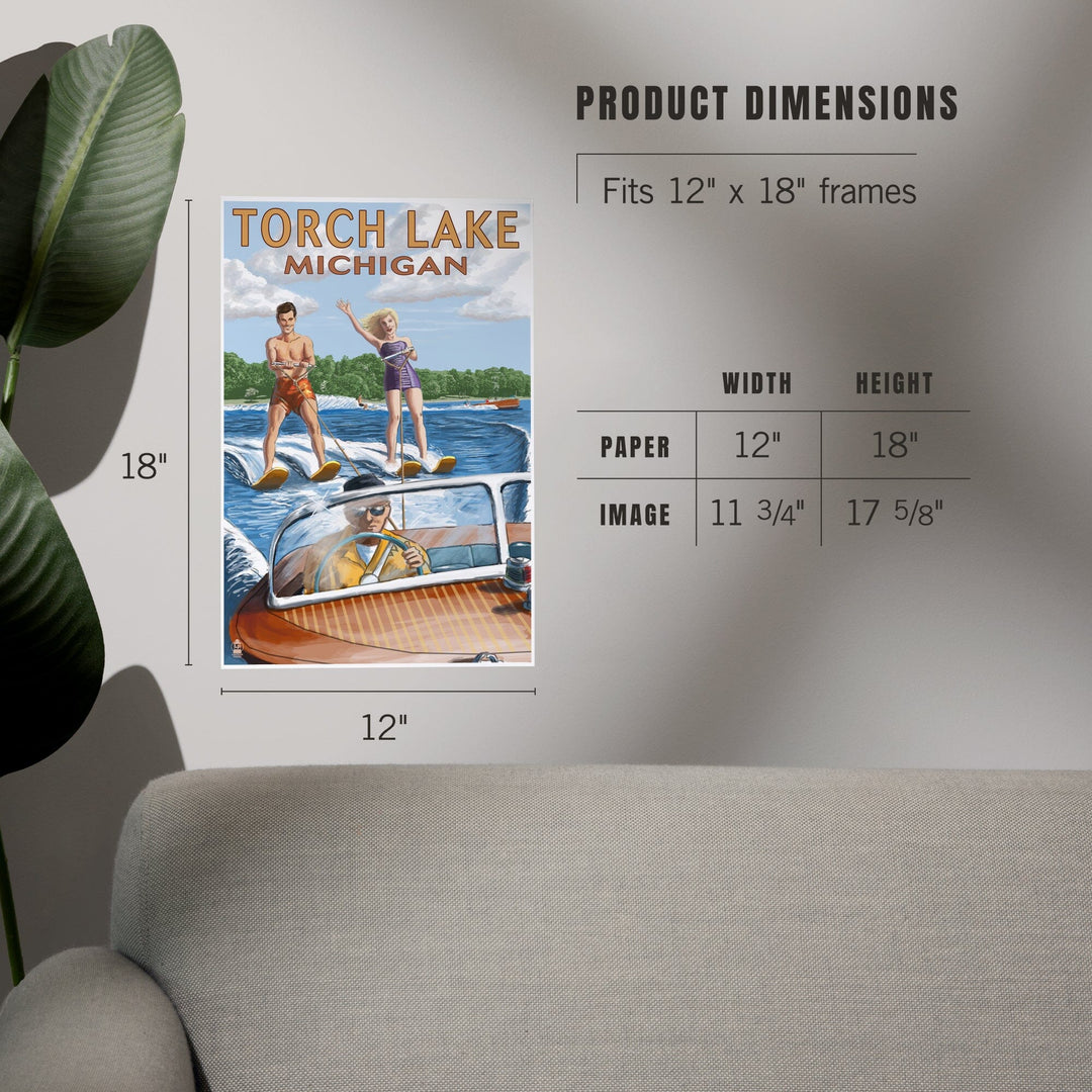 Torch Lake, Michigan, Water Skiing and Wooden Boat, Art & Giclee Prints Art Lantern Press