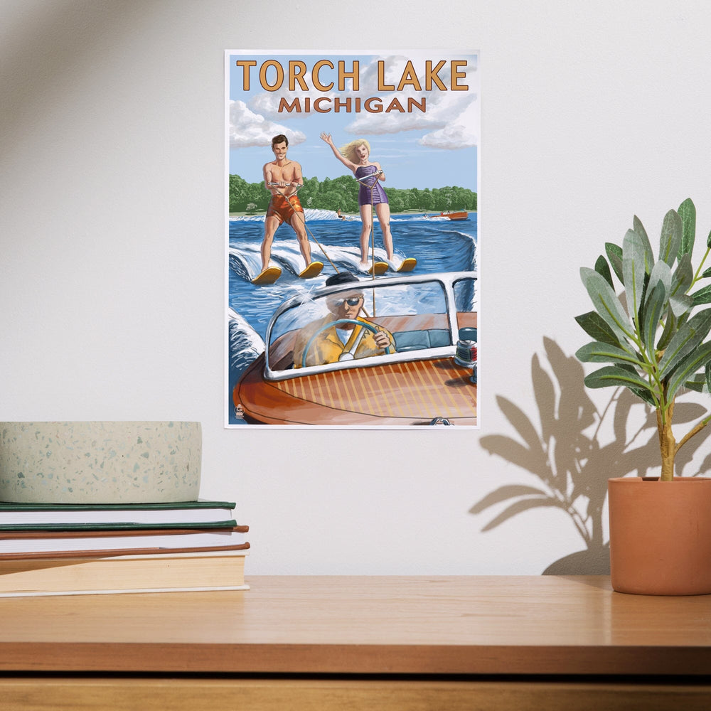 Torch Lake, Michigan, Water Skiing and Wooden Boat, Art & Giclee Prints Art Lantern Press