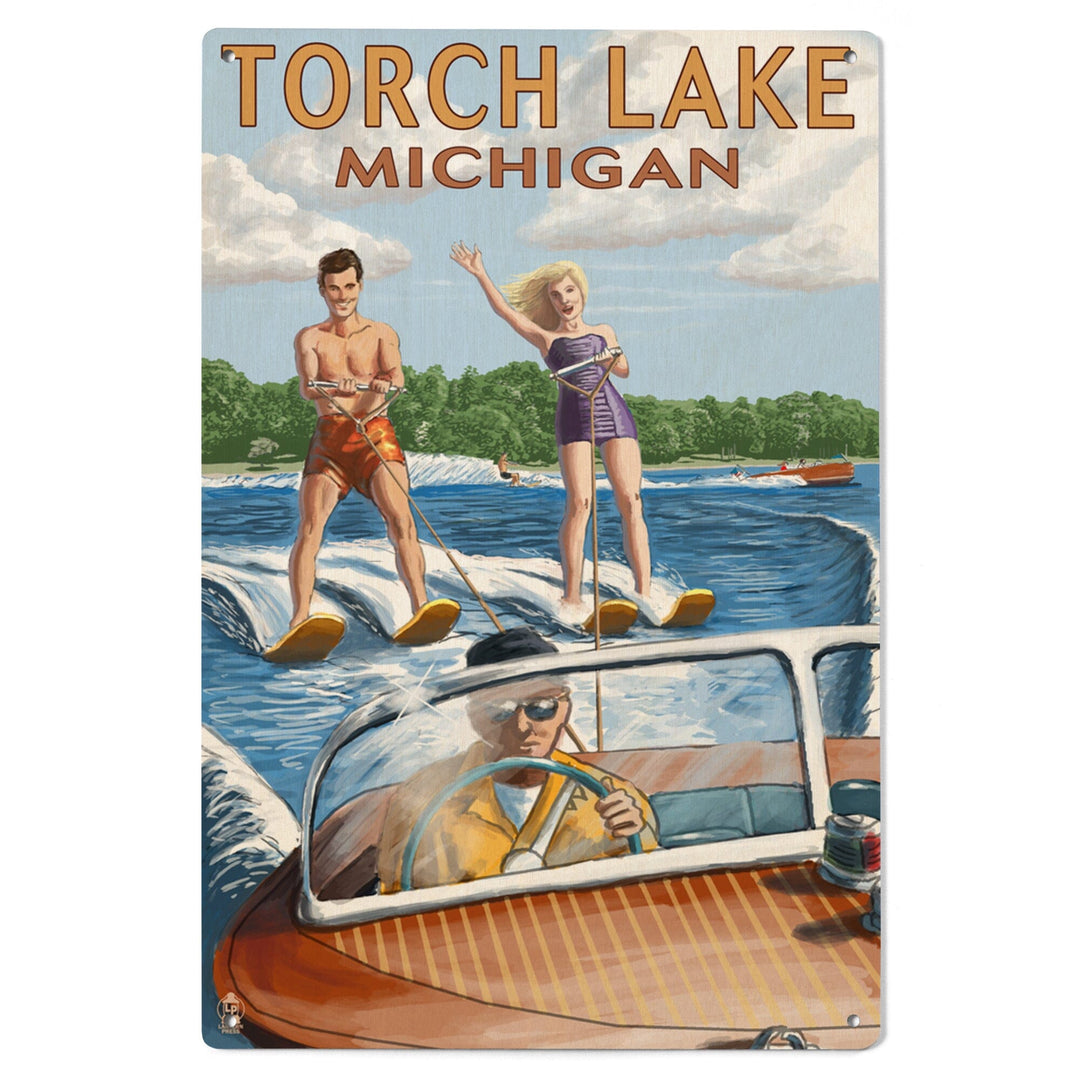 Torch Lake, Michigan, Water Skiing & Wooden Boat, Lantern Press Artwork, Wood Signs and Postcards Wood Lantern Press