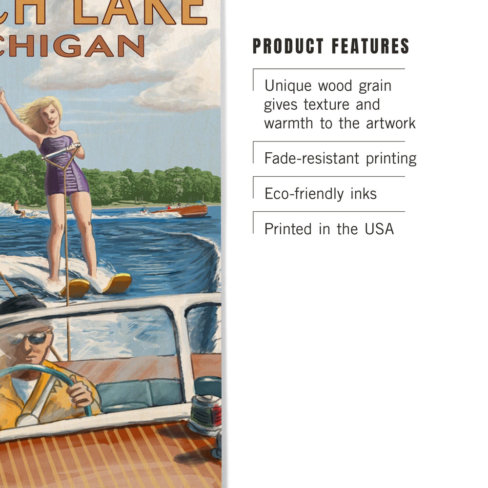 Torch Lake, Michigan, Water Skiing & Wooden Boat, Lantern Press Artwork, Wood Signs and Postcards Wood Lantern Press