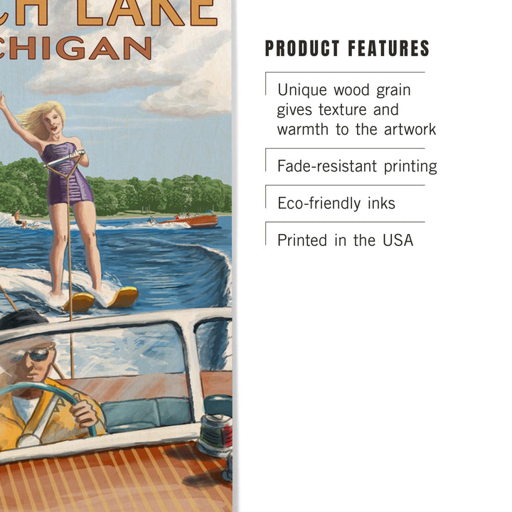 Torch Lake, Michigan, Water Skiing & Wooden Boat, Lantern Press Artwork, Wood Signs and Postcards Wood Lantern Press