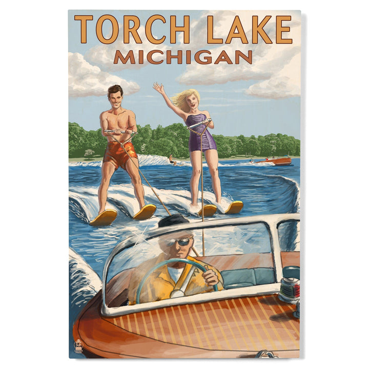 Torch Lake, Michigan, Water Skiing & Wooden Boat, Lantern Press Artwork, Wood Signs and Postcards Wood Lantern Press