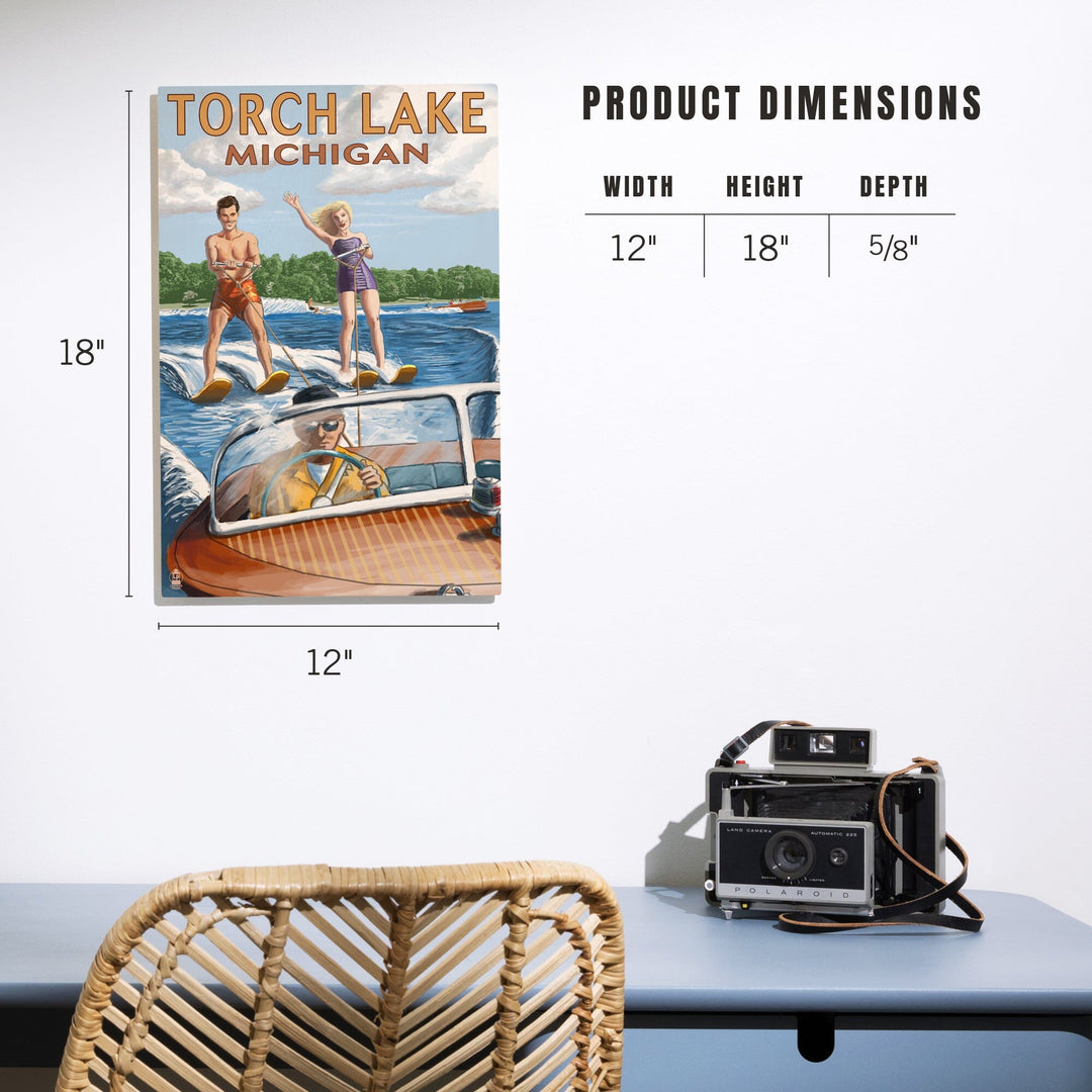 Torch Lake, Michigan, Water Skiing & Wooden Boat, Lantern Press Artwork, Wood Signs and Postcards Wood Lantern Press