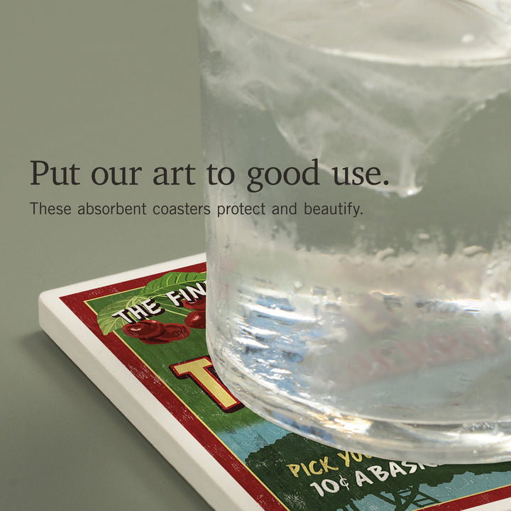 Traverse City, Michigan, Cherry Farm Vintage Sign, Coasters Coasters Lantern Press