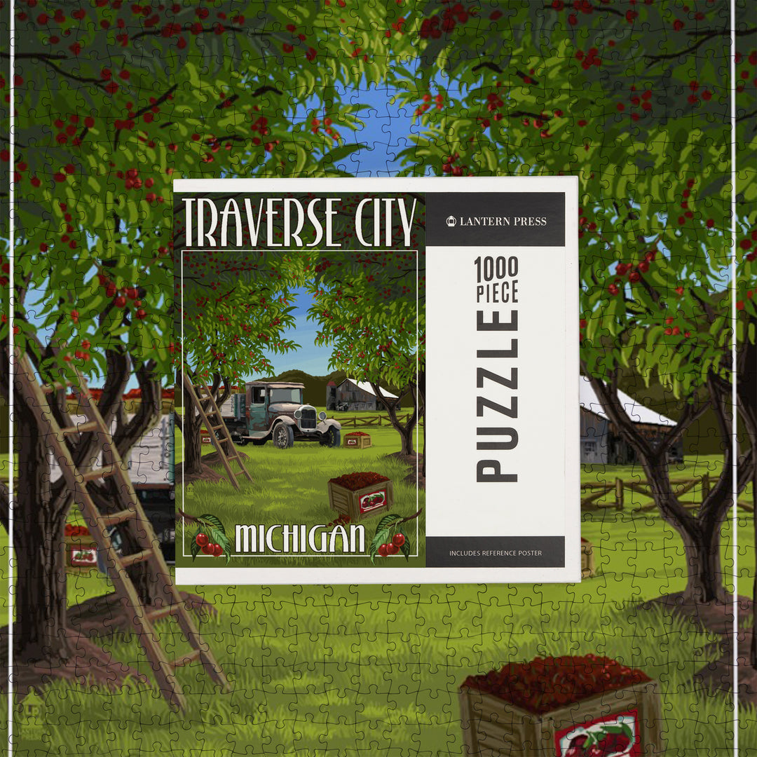 Traverse City, Michigan, Cherry Orchard Harvest, Jigsaw Puzzle Puzzle Lantern Press