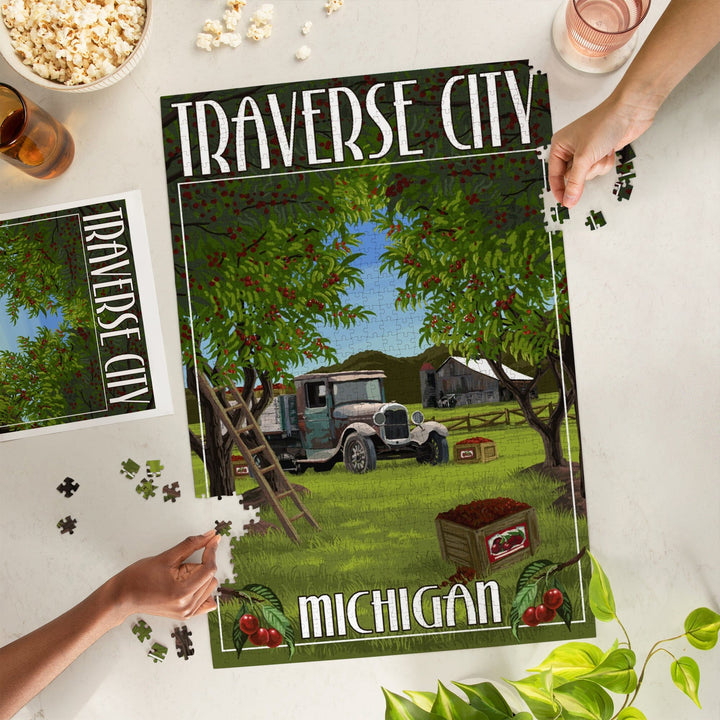 Traverse City, Michigan, Cherry Orchard Harvest, Jigsaw Puzzle Puzzle Lantern Press