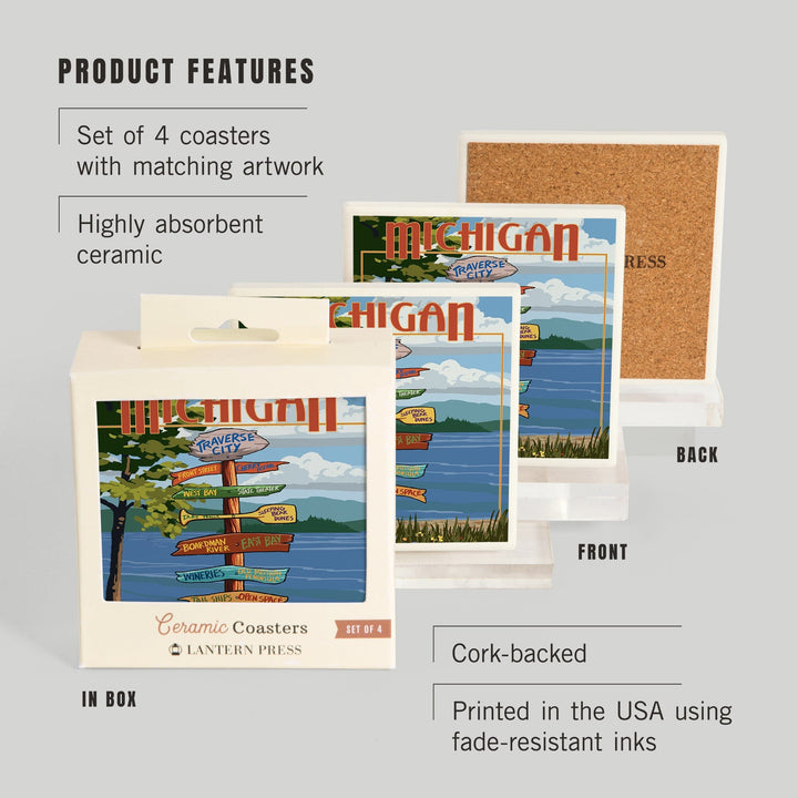 Traverse City, Michigan, Destinations Sign, Coasters Coasters Lantern Press