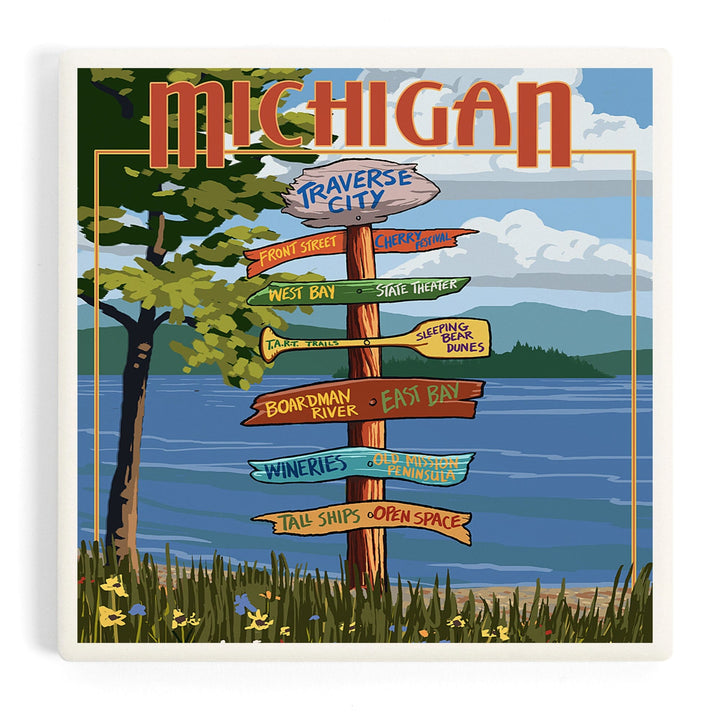 Traverse City, Michigan, Destinations Sign, Coasters Coasters Lantern Press